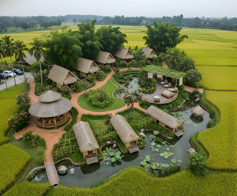 Toàn cảnh resort giữa cánh đồng lúa – Eco Resort Đồng Quê