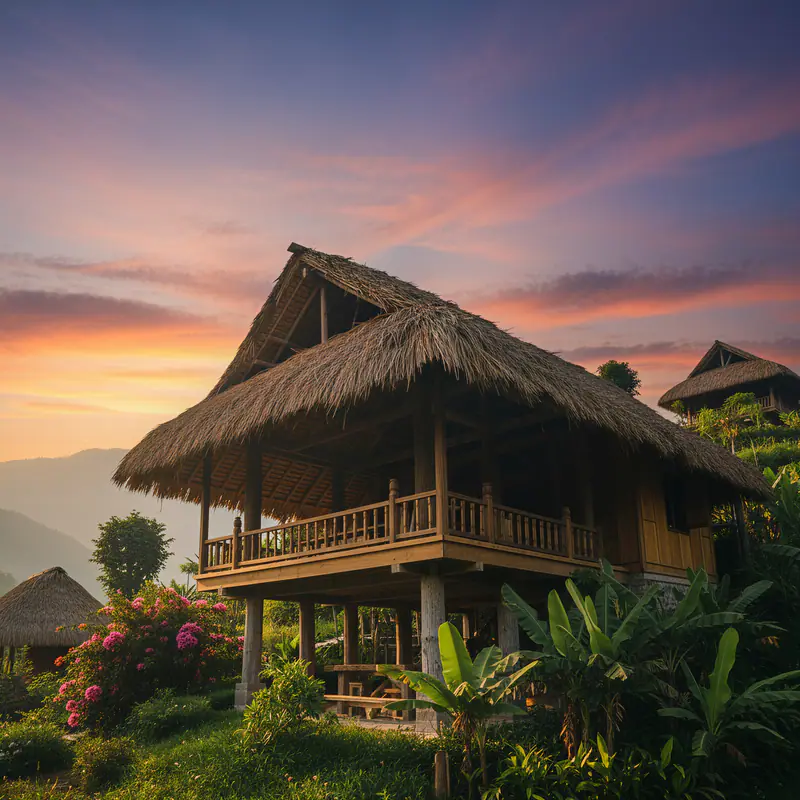 Bungalow mái lá lúc hoàng hôn – Resort Ruộng Bậc Thang